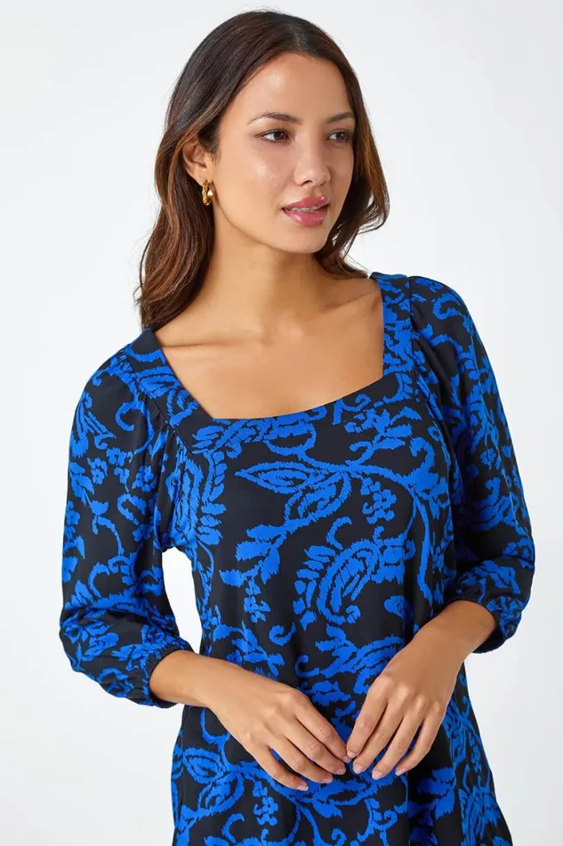 Women Blue Paisley Print Square Neckline Tunic Top Roman Tops