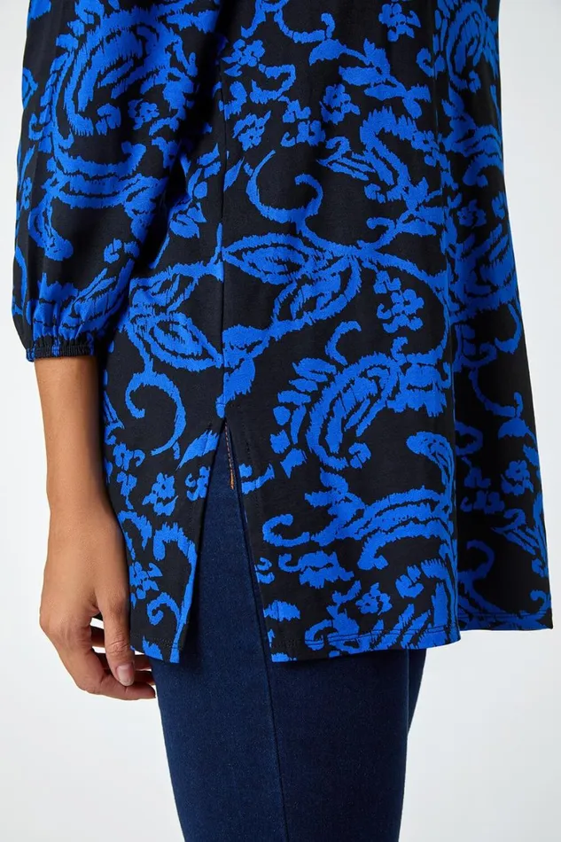 Women Blue Paisley Print Square Neckline Tunic Top Roman Tops