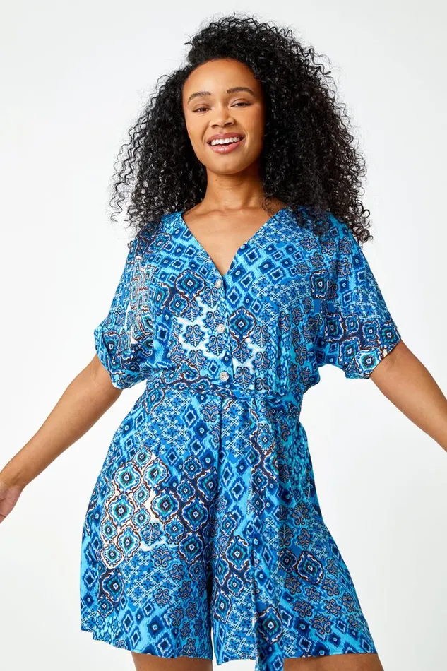 Women Blue Petite Aztec Print Playsuit Roman Dresses