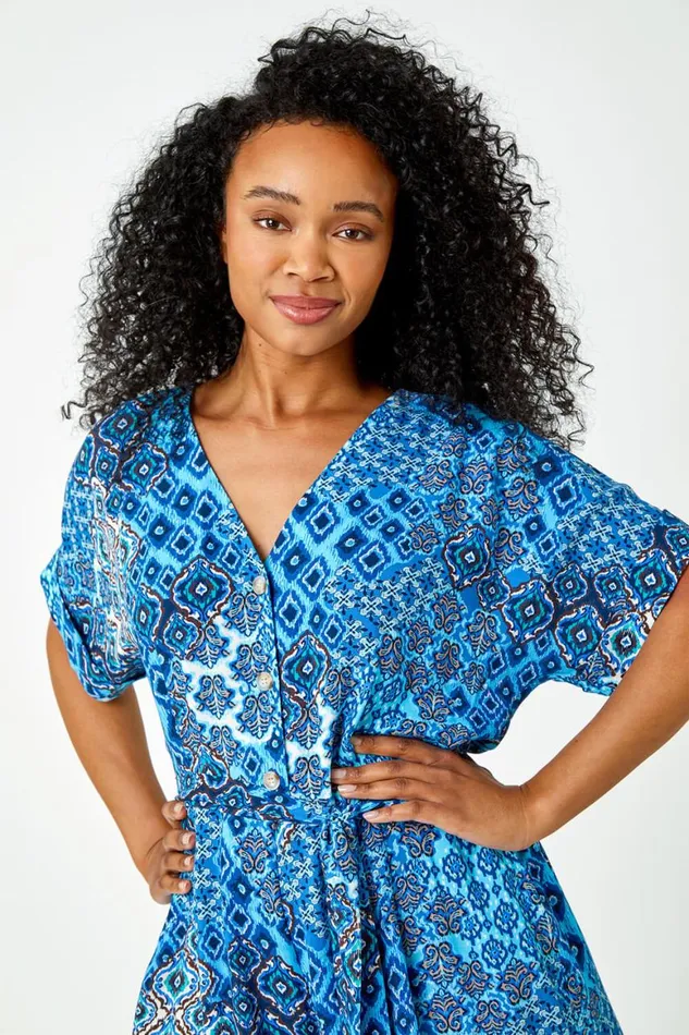 Women Blue Petite Aztec Print Playsuit Roman Dresses