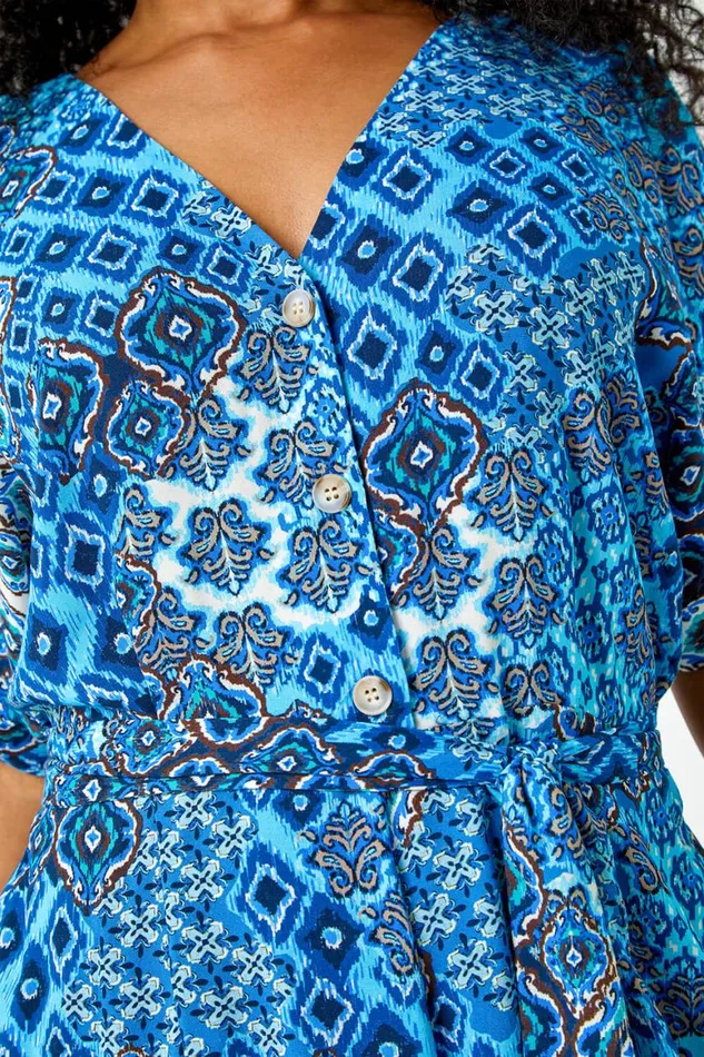 Women Blue Petite Aztec Print Playsuit Roman Dresses