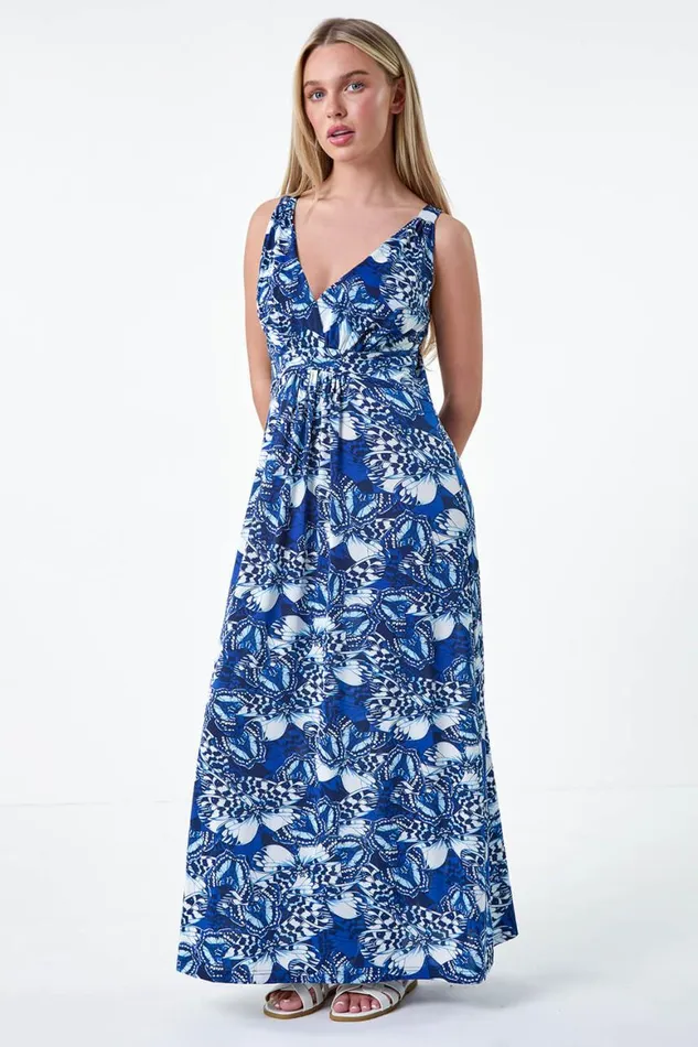 Women Blue Petite Butterfly Print Stretch Maxi Dress Roman Dresses