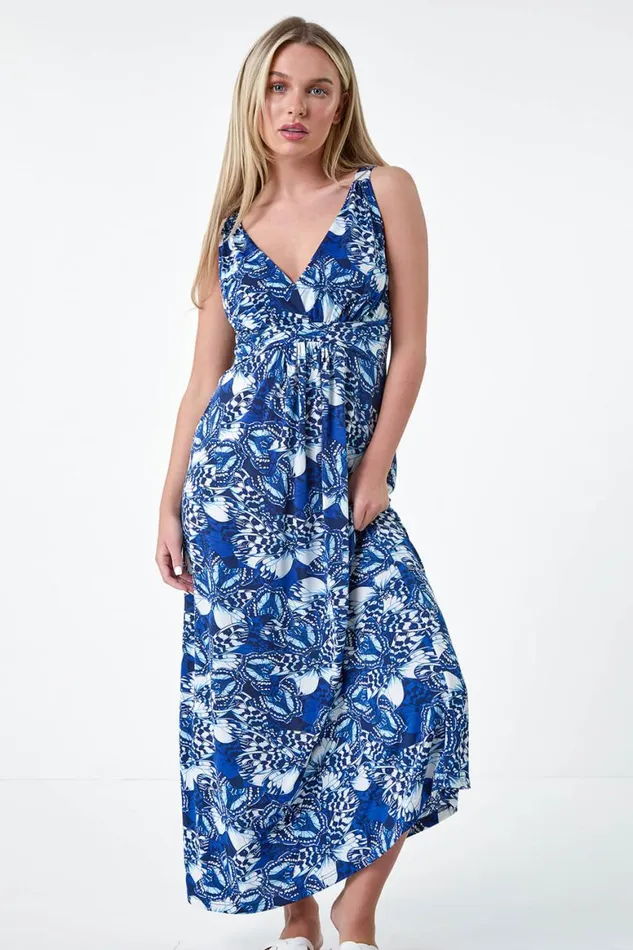 Women Blue Petite Butterfly Print Stretch Maxi Dress Roman Dresses