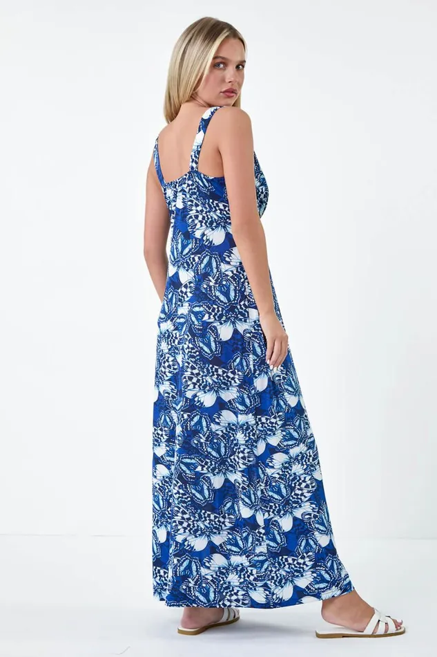 Women Blue Petite Butterfly Print Stretch Maxi Dress Roman Dresses