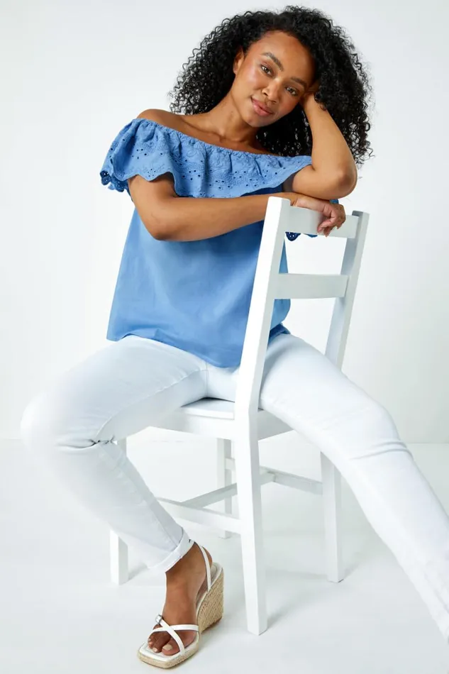 Women Blue Petite Embroidered Cotton Bardot Top Roman Tops