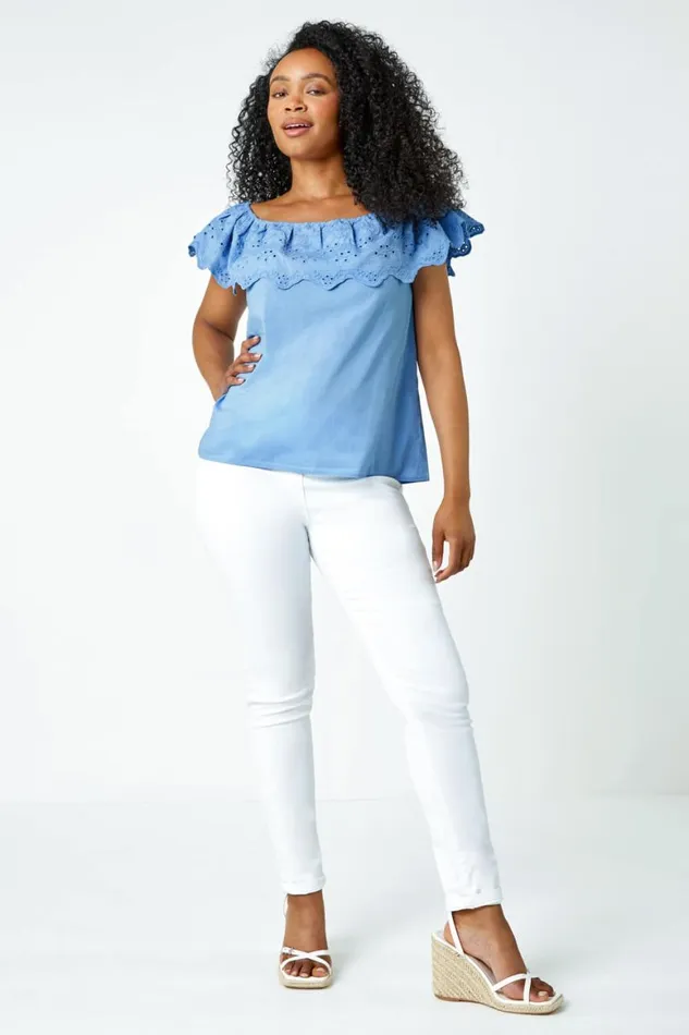 Women Blue Petite Embroidered Cotton Bardot Top Roman Tops