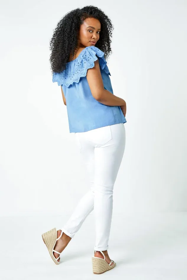 Women Blue Petite Embroidered Cotton Bardot Top Roman Tops