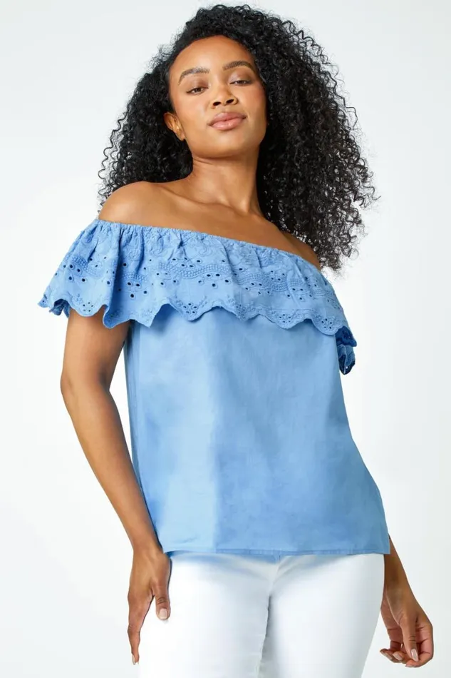 Women Blue Petite Embroidered Cotton Bardot Top Roman Tops