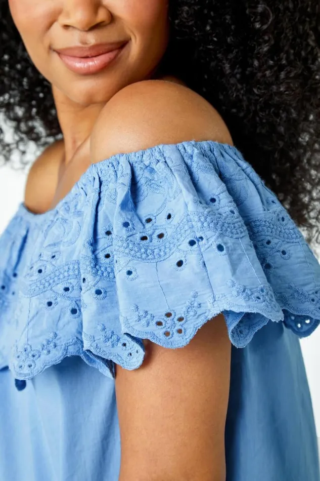 Women Blue Petite Embroidered Cotton Bardot Top Roman Tops