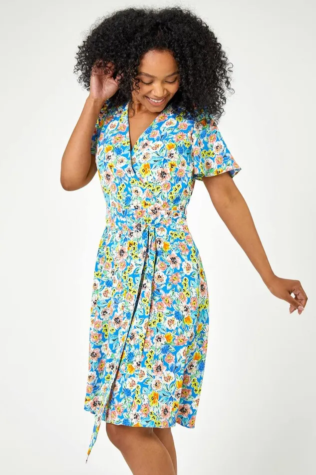 Women Blue Petite Floral Print Wrap Dress Roman Dresses