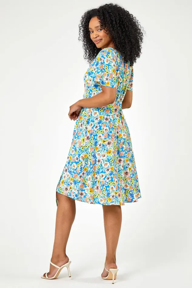 Women Blue Petite Floral Print Wrap Dress Roman Dresses