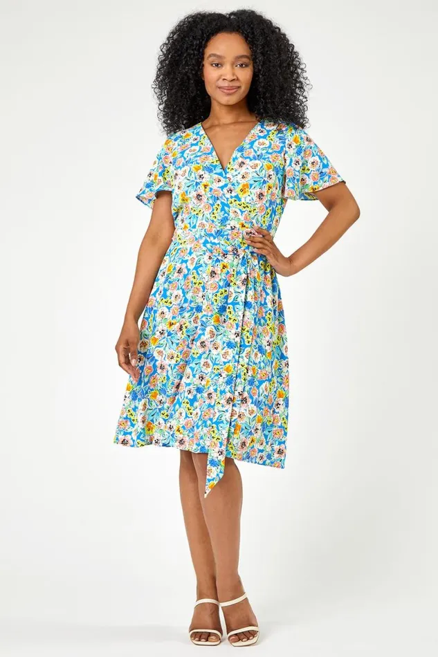 Women Blue Petite Floral Print Wrap Dress Roman Dresses
