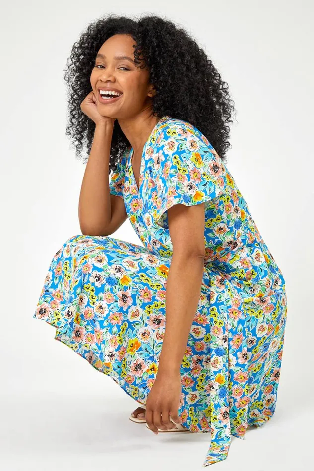 Women Blue Petite Floral Print Wrap Dress Roman Dresses