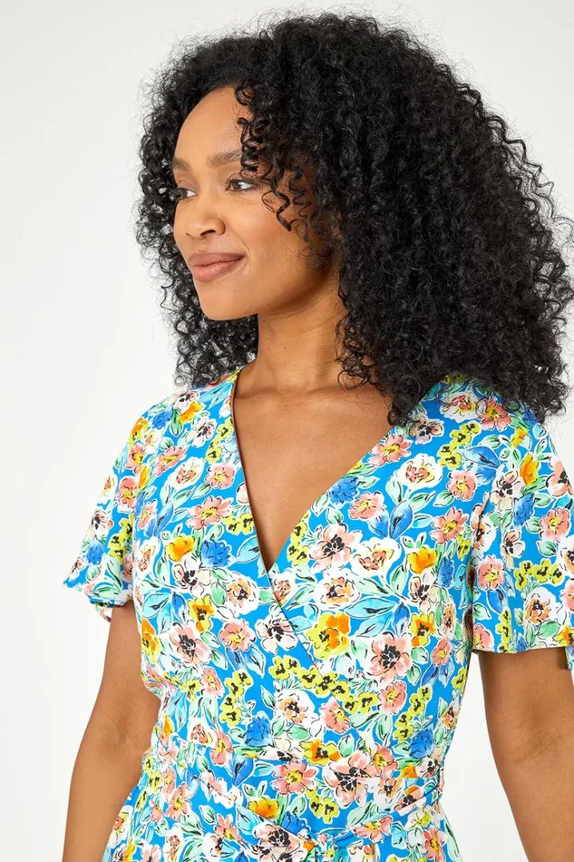 Women Blue Petite Floral Print Wrap Dress Roman Dresses