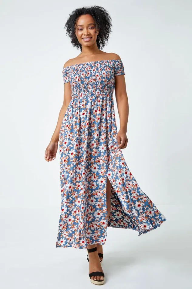Women Blue Petite Floral Shirred Bardot Maxi Dress Roman Dresses