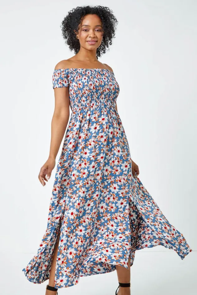 Women Blue Petite Floral Shirred Bardot Maxi Dress Roman Dresses