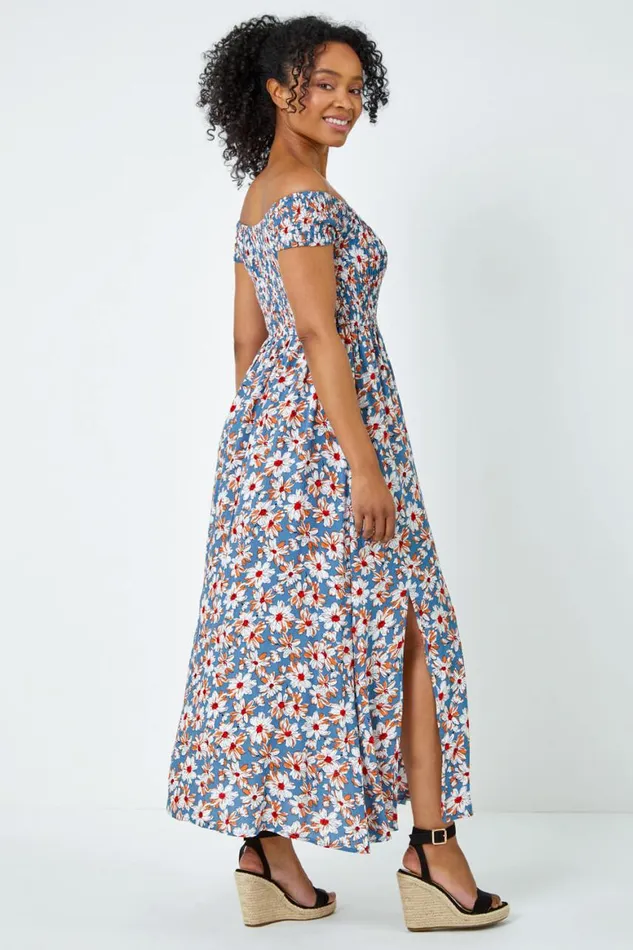 Women Blue Petite Floral Shirred Bardot Maxi Dress Roman Dresses