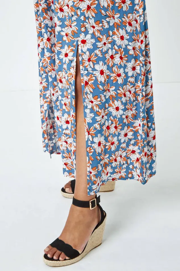 Women Blue Petite Floral Shirred Bardot Maxi Dress Roman Dresses
