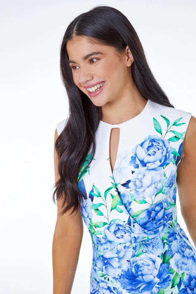 Women Blue Petite Floral Stretch Ruched Shift Dress Roman Dresses