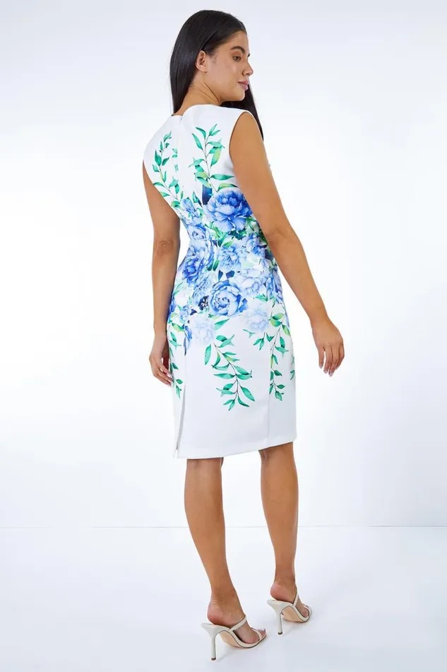 Women Blue Petite Floral Stretch Ruched Shift Dress Roman Dresses