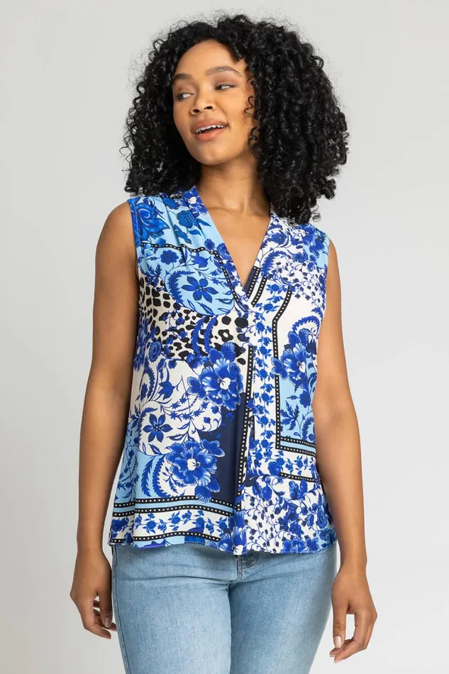 Women Blue Petite Geo Floral Notch Neck Top Roman Tops
