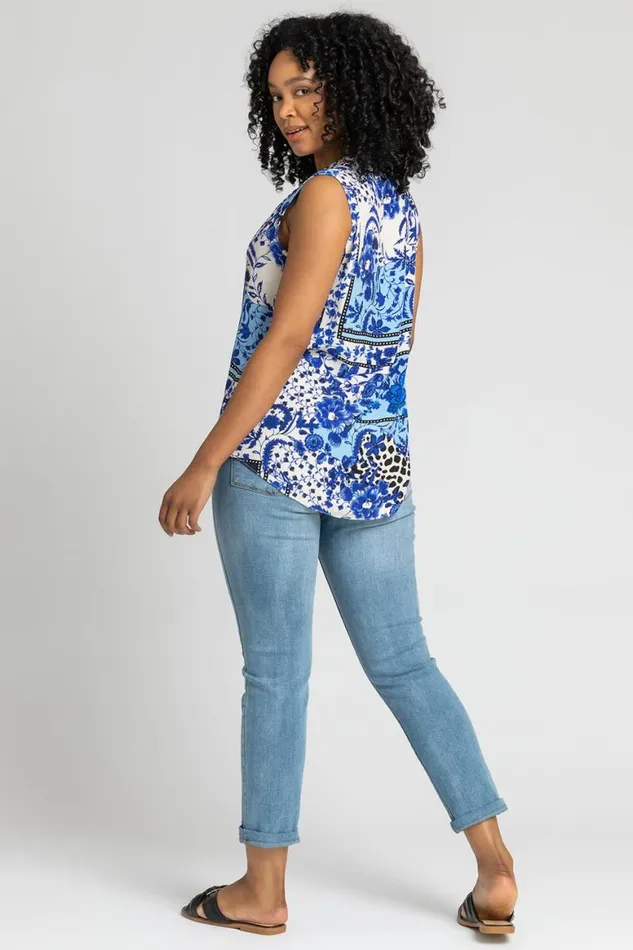 Women Blue Petite Geo Floral Notch Neck Top Roman Tops
