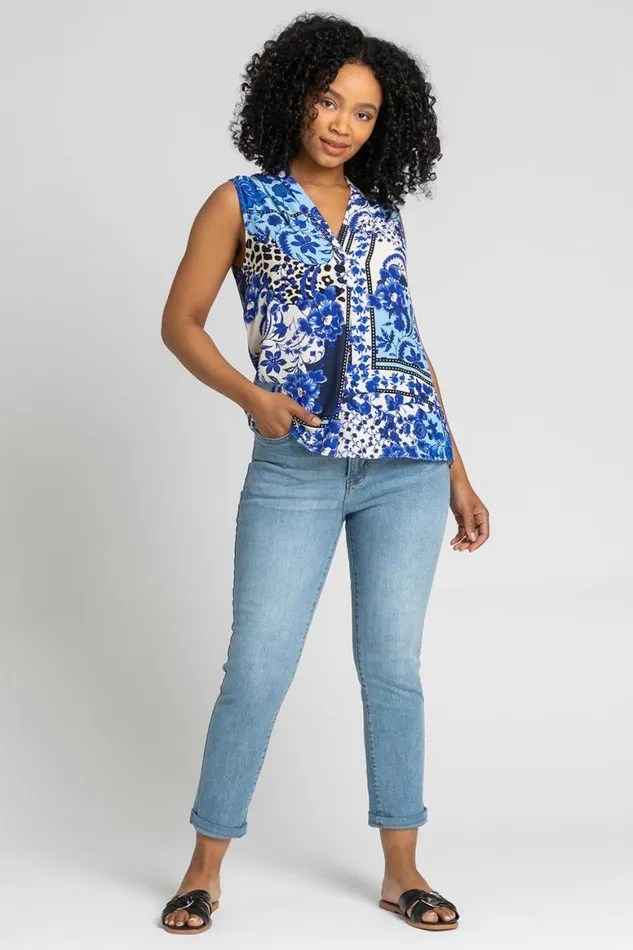 Women Blue Petite Geo Floral Notch Neck Top Roman Tops