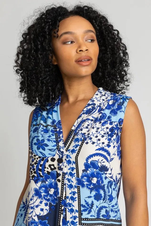 Women Blue Petite Geo Floral Notch Neck Top Roman Tops