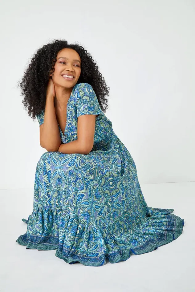 Women Blue Petite Paisley Print Frill Hem Midi Dress Roman Dresses