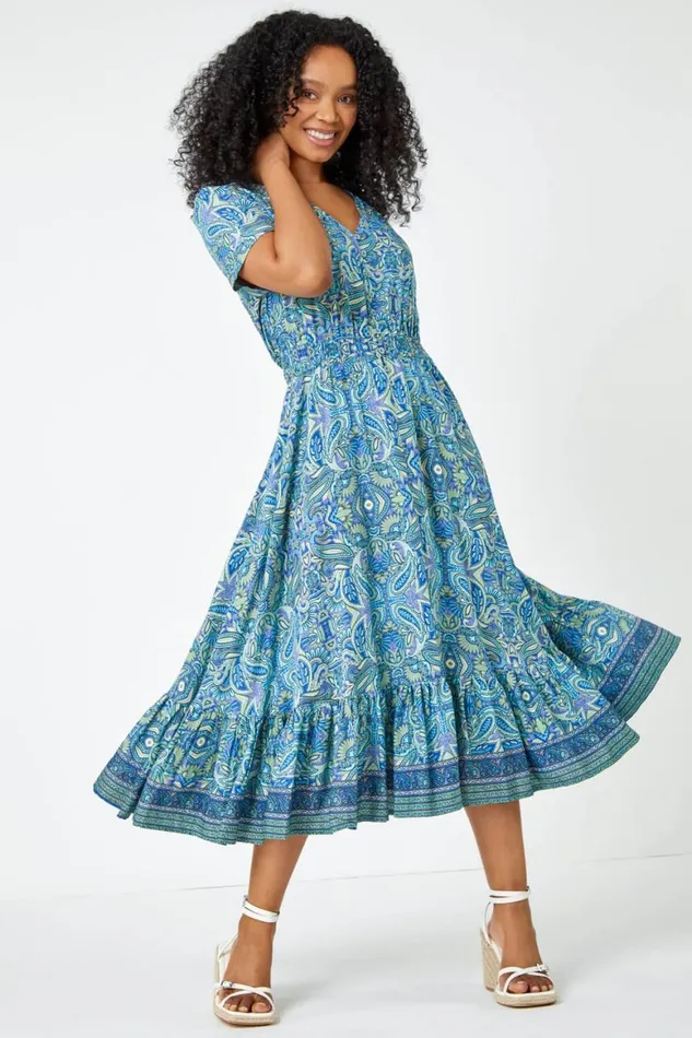 Women Blue Petite Paisley Print Frill Hem Midi Dress Roman Dresses
