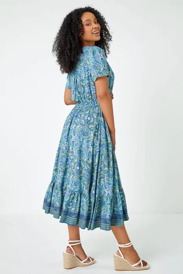 Women Blue Petite Paisley Print Frill Hem Midi Dress Roman Dresses