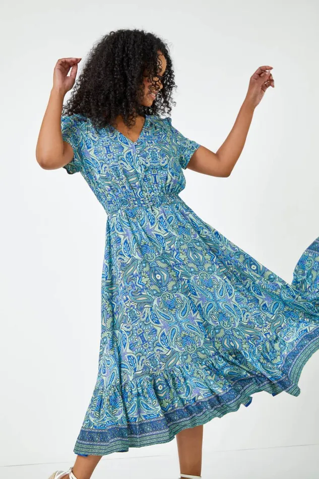 Women Blue Petite Paisley Print Frill Hem Midi Dress Roman Dresses