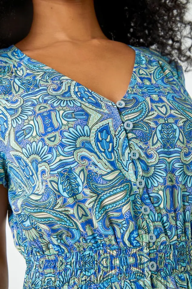 Women Blue Petite Paisley Print Frill Hem Midi Dress Roman Dresses