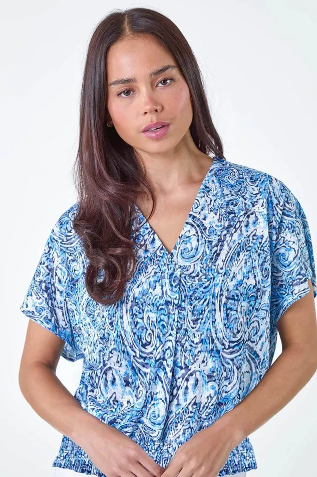 Women Blue Petite Paisley Shirred Hem VNeck Stretch Top Roman Tops