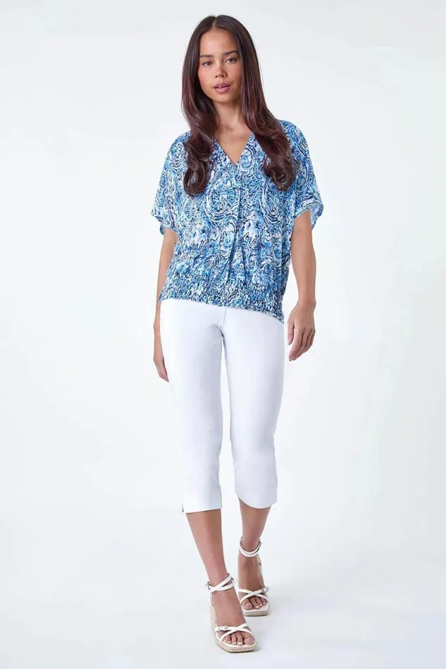 Women Blue Petite Paisley Shirred Hem VNeck Stretch Top Roman Tops