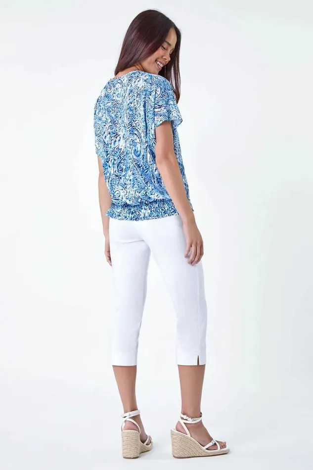 Women Blue Petite Paisley Shirred Hem VNeck Stretch Top Roman Tops