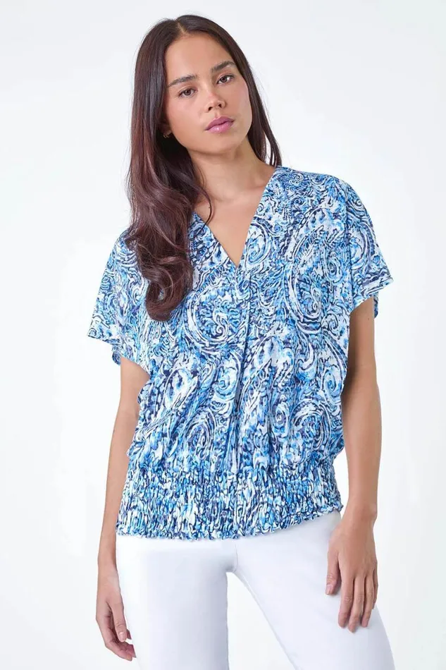 Women Blue Petite Paisley Shirred Hem VNeck Stretch Top Roman Tops