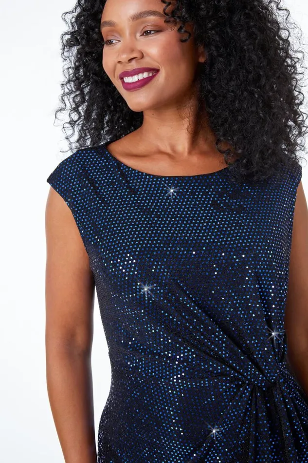 Women Blue Petite Ruched Glitter Midi Dress Roman Dresses