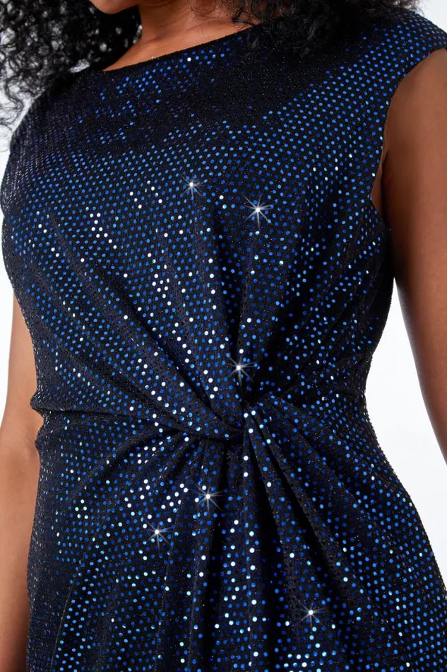 Women Blue Petite Ruched Glitter Midi Dress Roman Dresses