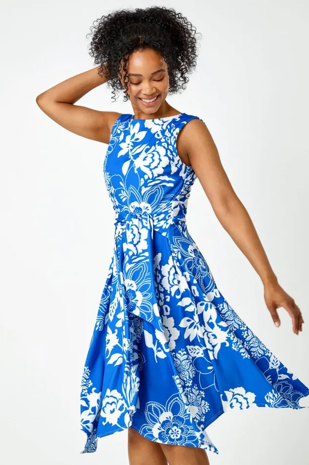 Women Blue Petite Tie Waist Floral Stretch Dress Roman Dresses