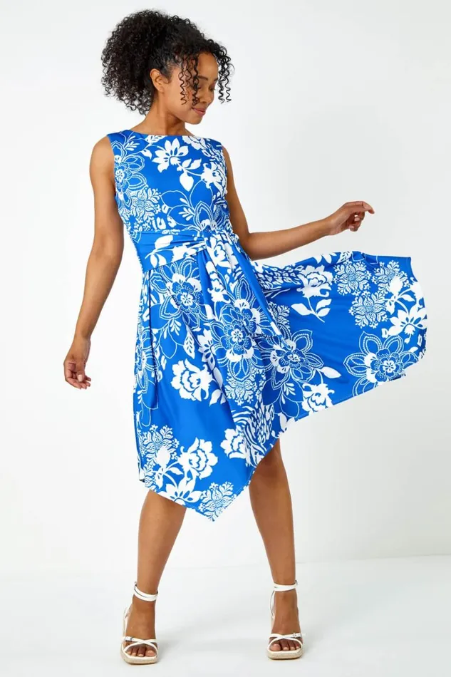 Women Blue Petite Tie Waist Floral Stretch Dress Roman Dresses