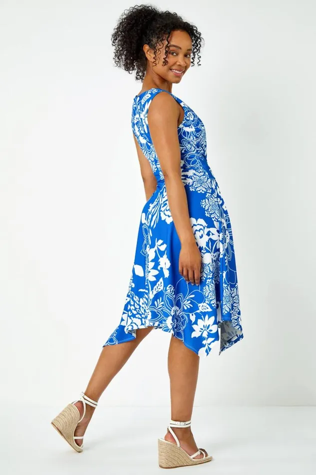 Women Blue Petite Tie Waist Floral Stretch Dress Roman Dresses