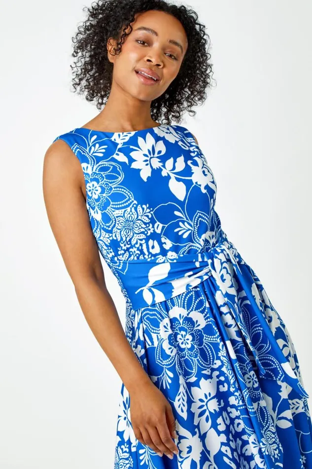 Women Blue Petite Tie Waist Floral Stretch Dress Roman Dresses