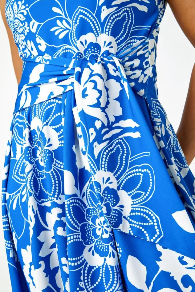 Women Blue Petite Tie Waist Floral Stretch Dress Roman Dresses