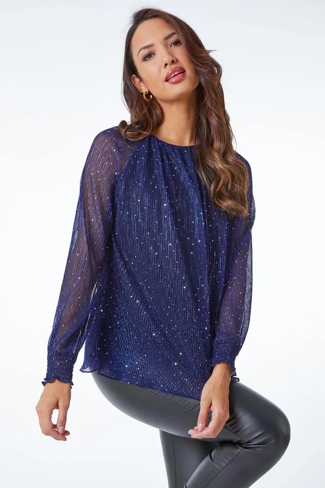 Women Blue Shimmer Embellished Plisse Top Roman Tops