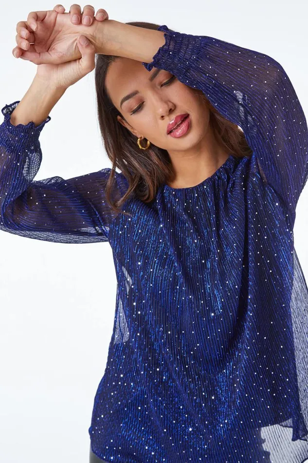 Women Blue Shimmer Embellished Plisse Top Roman Tops