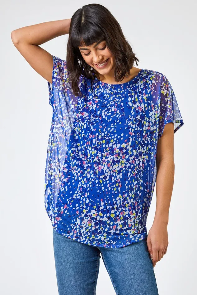 Women Blue Spot Print Mesh Overlay Top Roman Tops
