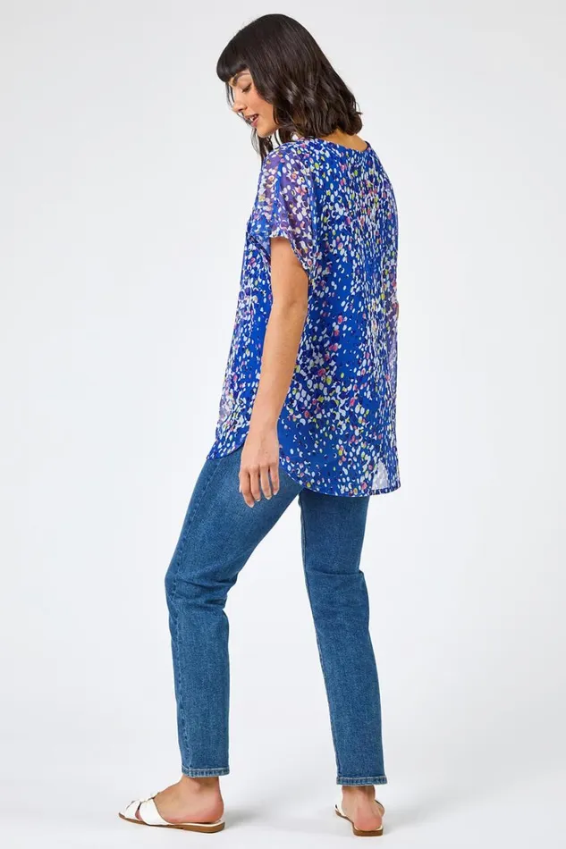 Women Blue Spot Print Mesh Overlay Top Roman Tops