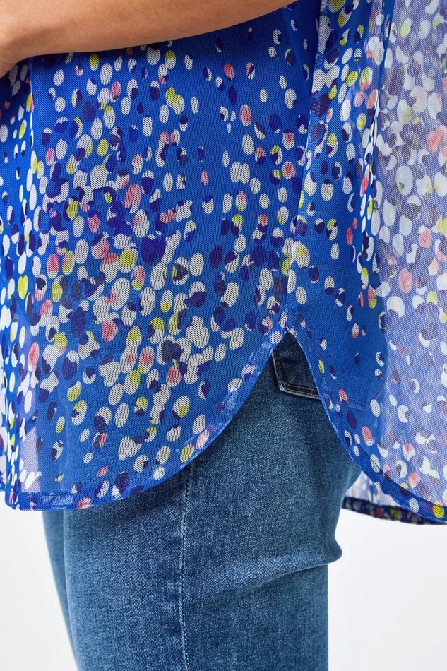 Women Blue Spot Print Mesh Overlay Top Roman Tops