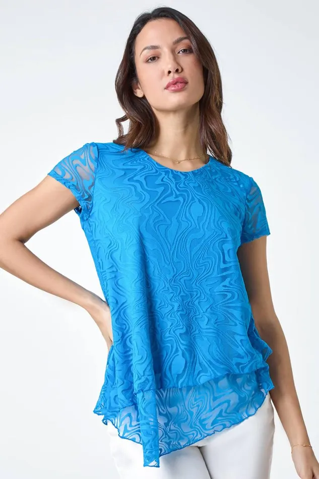 Women Blue Textured Swirl Print Overlay Top Roman Tops